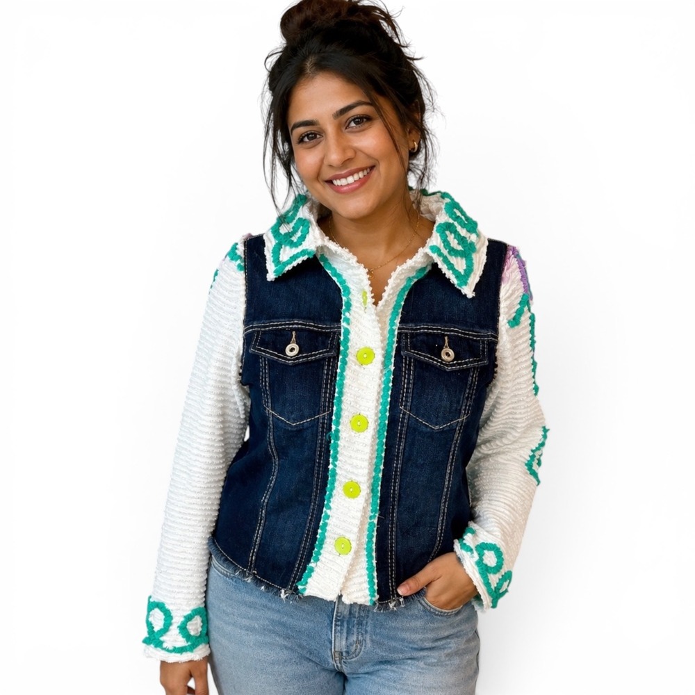 Boho Sz M  Mixed Media Denim Jacket Chenille Sleeves Green Embroidery Frayed Hem